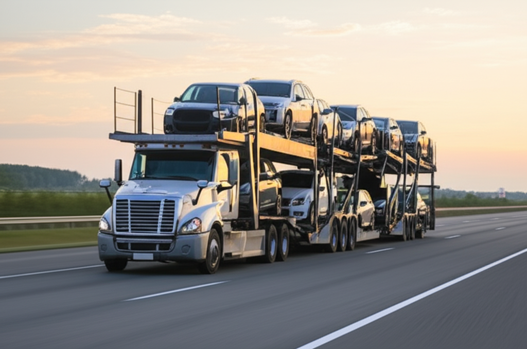 A large American car carrier truck on the highway